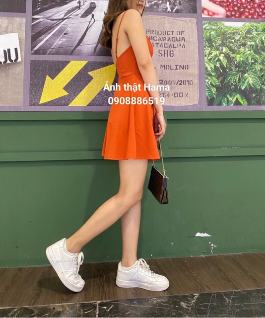 HOẢ TỐC - ẢNH THẬT ĐẦM ĐEN CAM hở lưng có mút hai dây dáng A cực iu