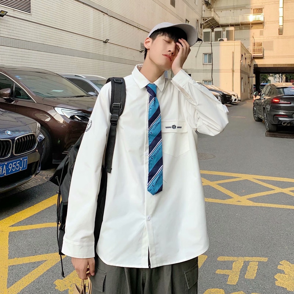 White Long Sleeve Shirt + Men's Fashion Tie Size M-2Xl