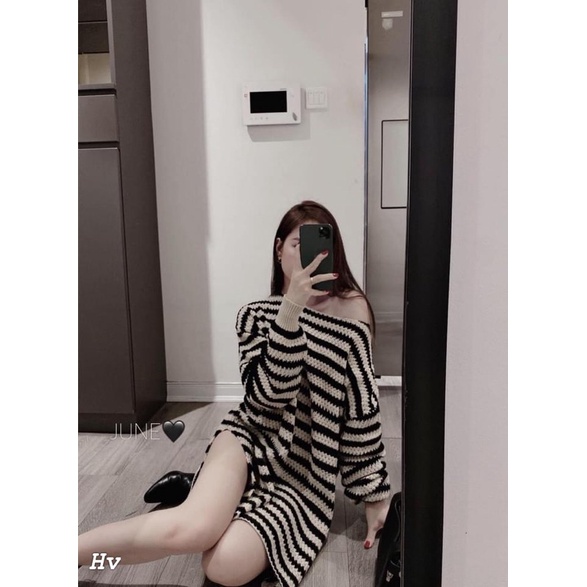 Áo váy len kẻ đen trắng thu đông