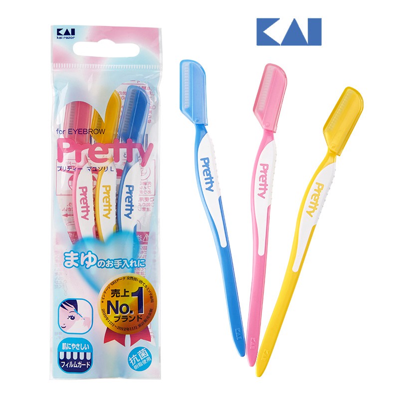 Set 3 dao cạo lông mày Kai Pretty lưỡi thép không gỉ, thân làm từ nhựa cao cấp