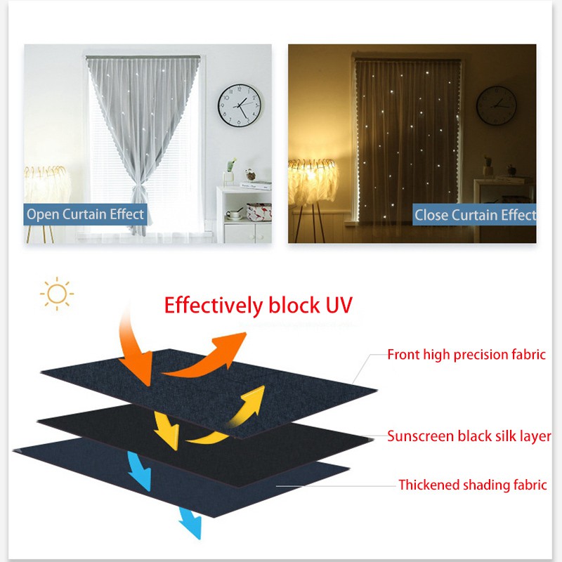 Grey Blue Star Curtains Window Self-adhesive Curtain thicken shading Cloth punch-Free Installation of Small Curtain for Bedroom