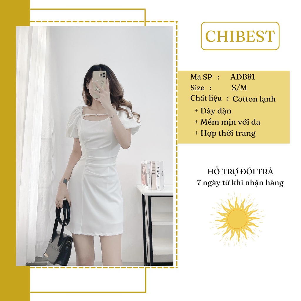 Đầm xòe chữ A nhún hông dây chun ngực tay bồng chất liệu lụa sang chảnh CHIBEST ADB81