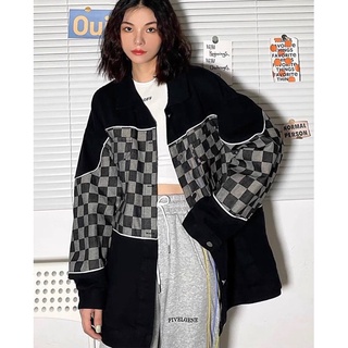 áo khoác bò style Hàn demin tone đen phối vạt kẻ caro họa tiết bàn cờ form rộng freesz