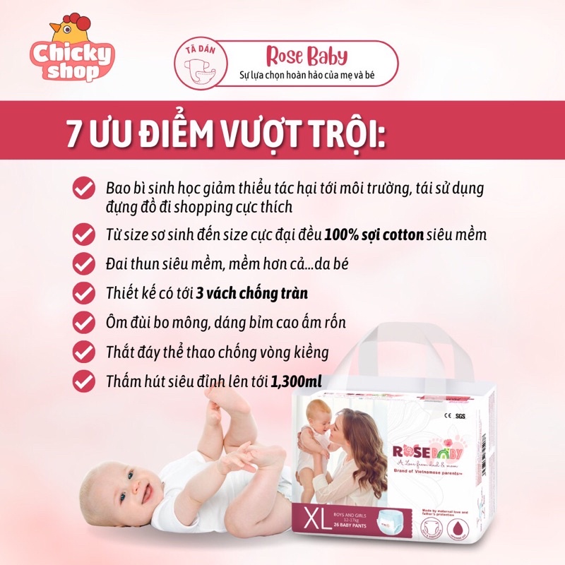 Bỉm dán Rose Baby size NB 60 miếng (&lt;5kg)