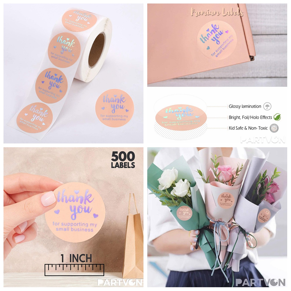 Set 500 Miếng Dán Tròn In Chữ thank you for supporting my small business Trang Trí Hộp Kẹo Thủ Công
