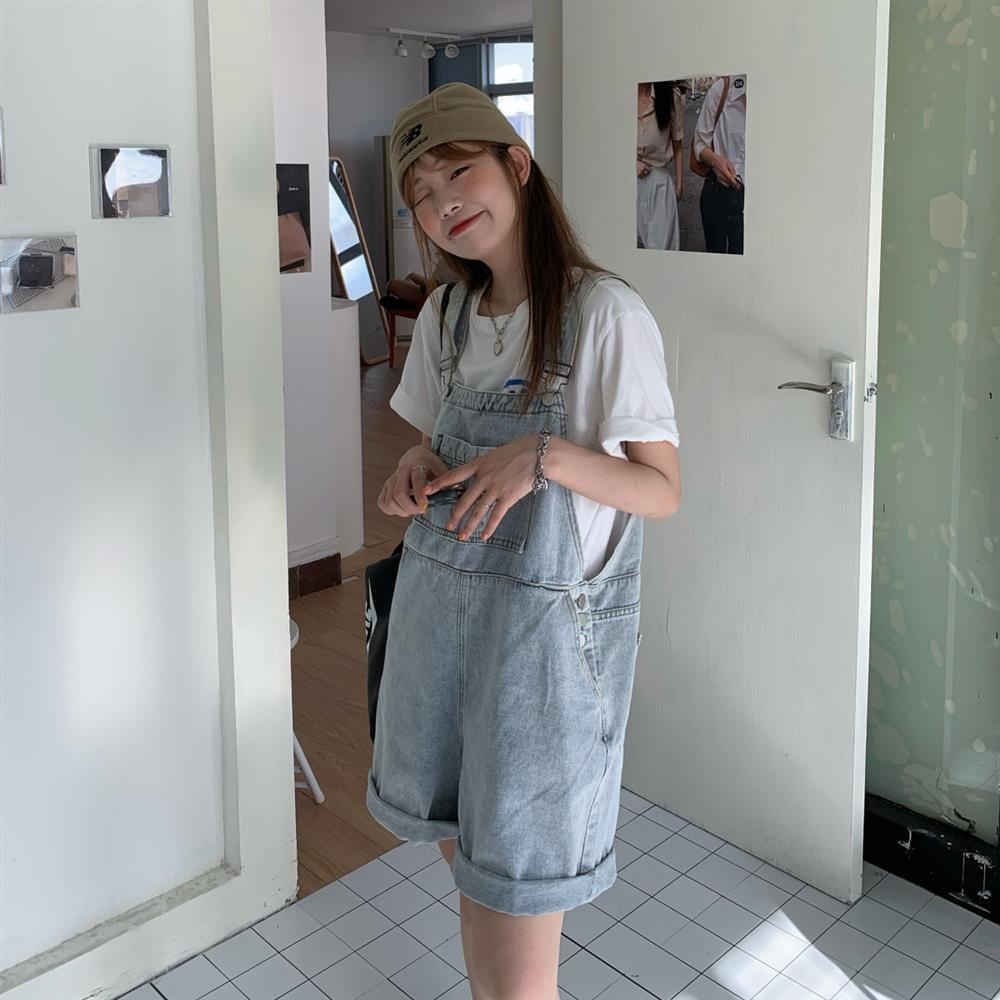 Quần Yếm Denim Ngắn Dáng Rộng Phong Cách Retro Nhật Bản Ngọt Ngào Cho Nữ