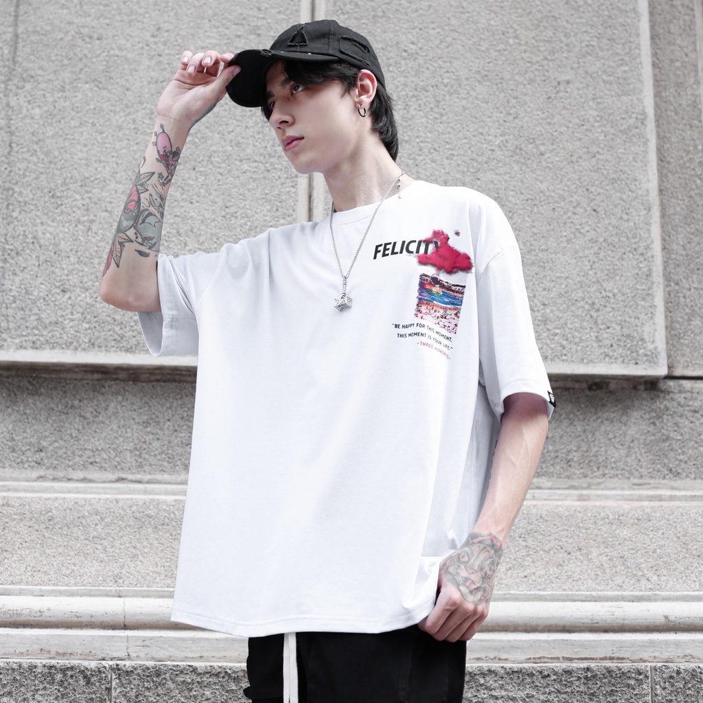 Áo Thun Trắng In Chữ Felicity Họa Tiết Hình và Chữ Nhiều Màu Chất Liệu 100% Cotton Form Rộng Thoải Mái Unisex Nam Nữ
