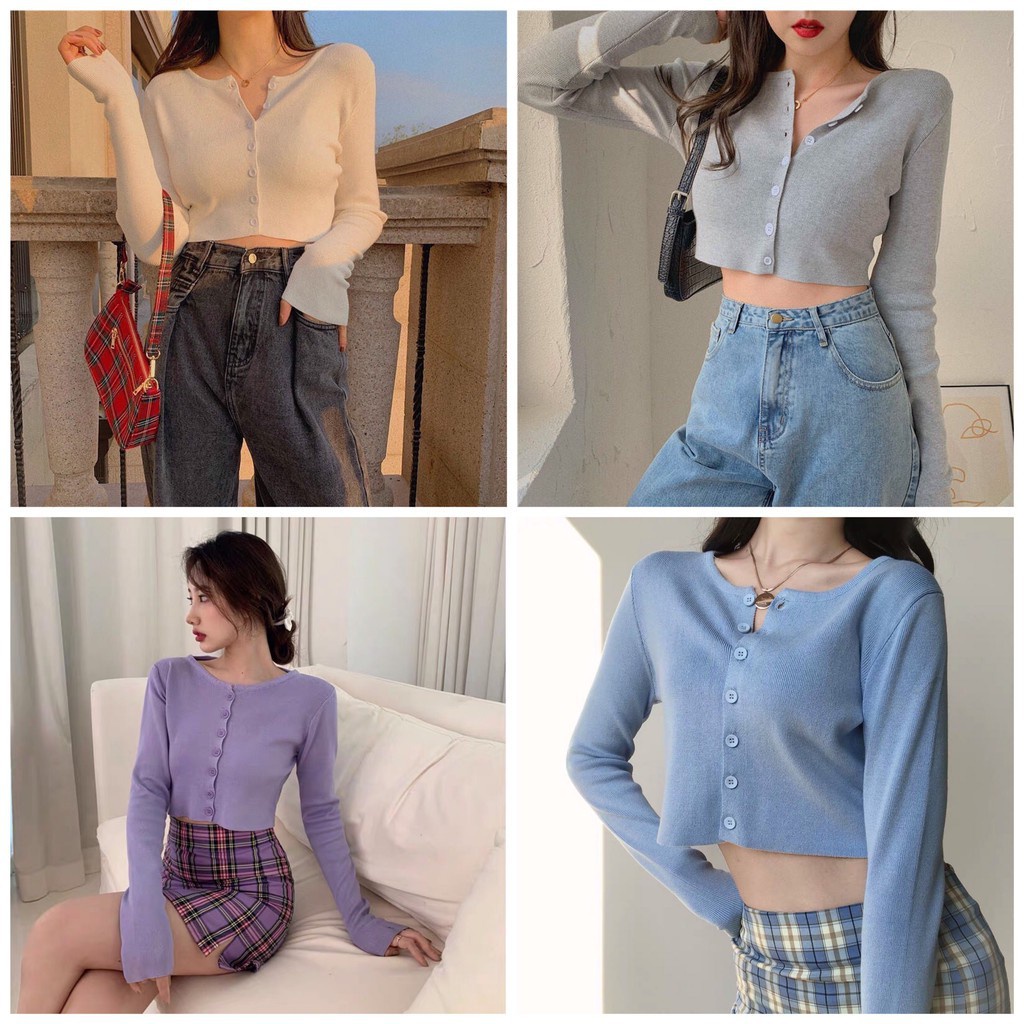 Áo Croptop dài tay dáng ôm body khóa cúc Madela,Croptop Nữ dài tay chất liệu thun cotton dày dặn