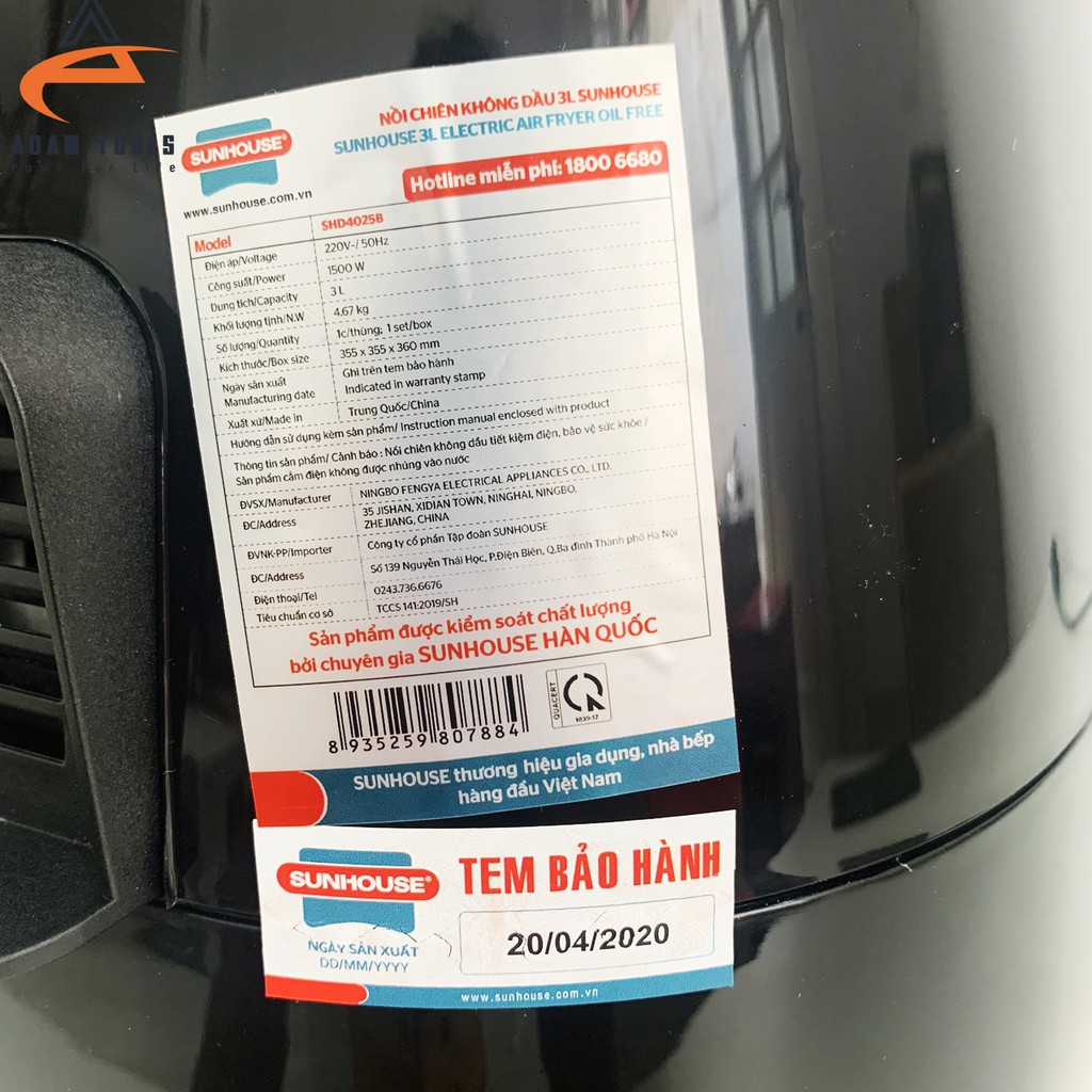 Nồi chiên không dầu Sunhouse SHD4025B - 3 Lít Bảo hành 12 tháng