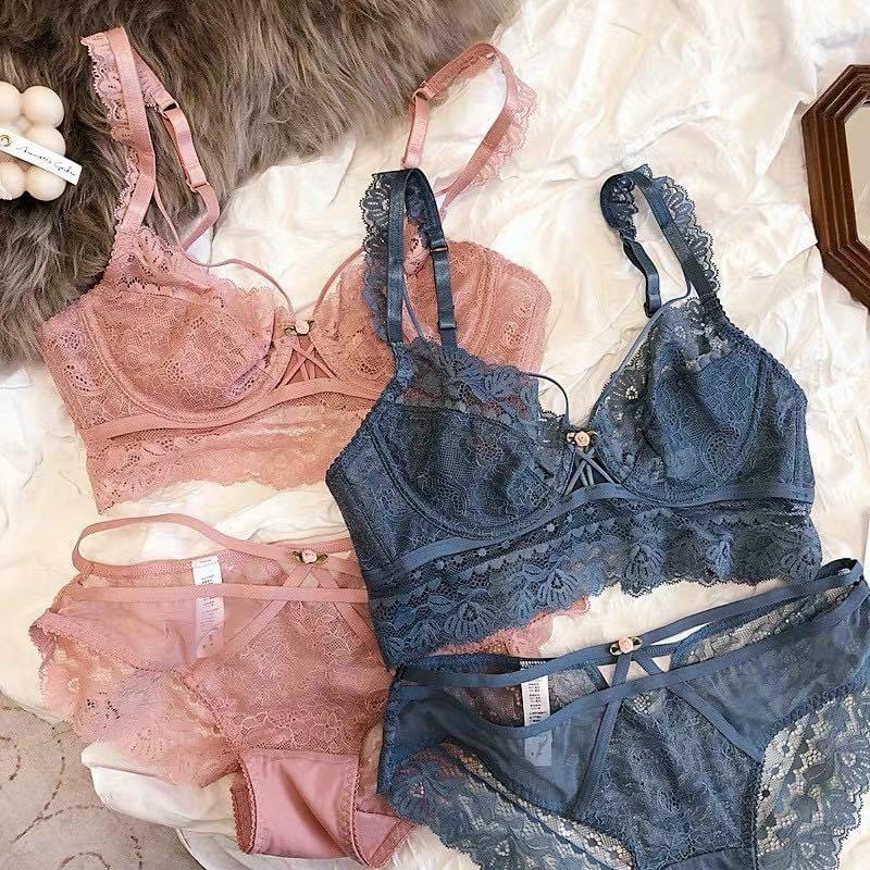 Bộ đồ lót B047 Charm đính hoa dây chéo có gọng không mút