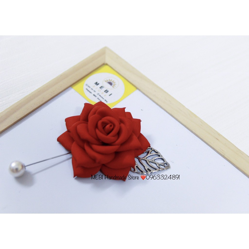 (ảnh thật 100%) Hoa cài áo MEBI Handmade mẫu hoa hồng đỏ