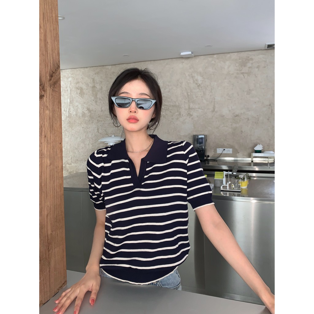 Áo Dệt Kim Tay Ngắn Dáng Rộng Họa Tiết Sọc Ngang Phong Cách Hàn Quốc Trẻ Trung | BigBuy360 - bigbuy360.vn