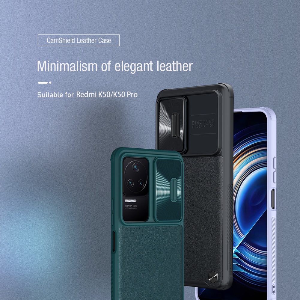 Ốp điện thoại NILLKIN bằng da màu trơn chống sốc có nắp trượt bảo vệ camera cho Xiaomi Redmi K50 Pro / K50