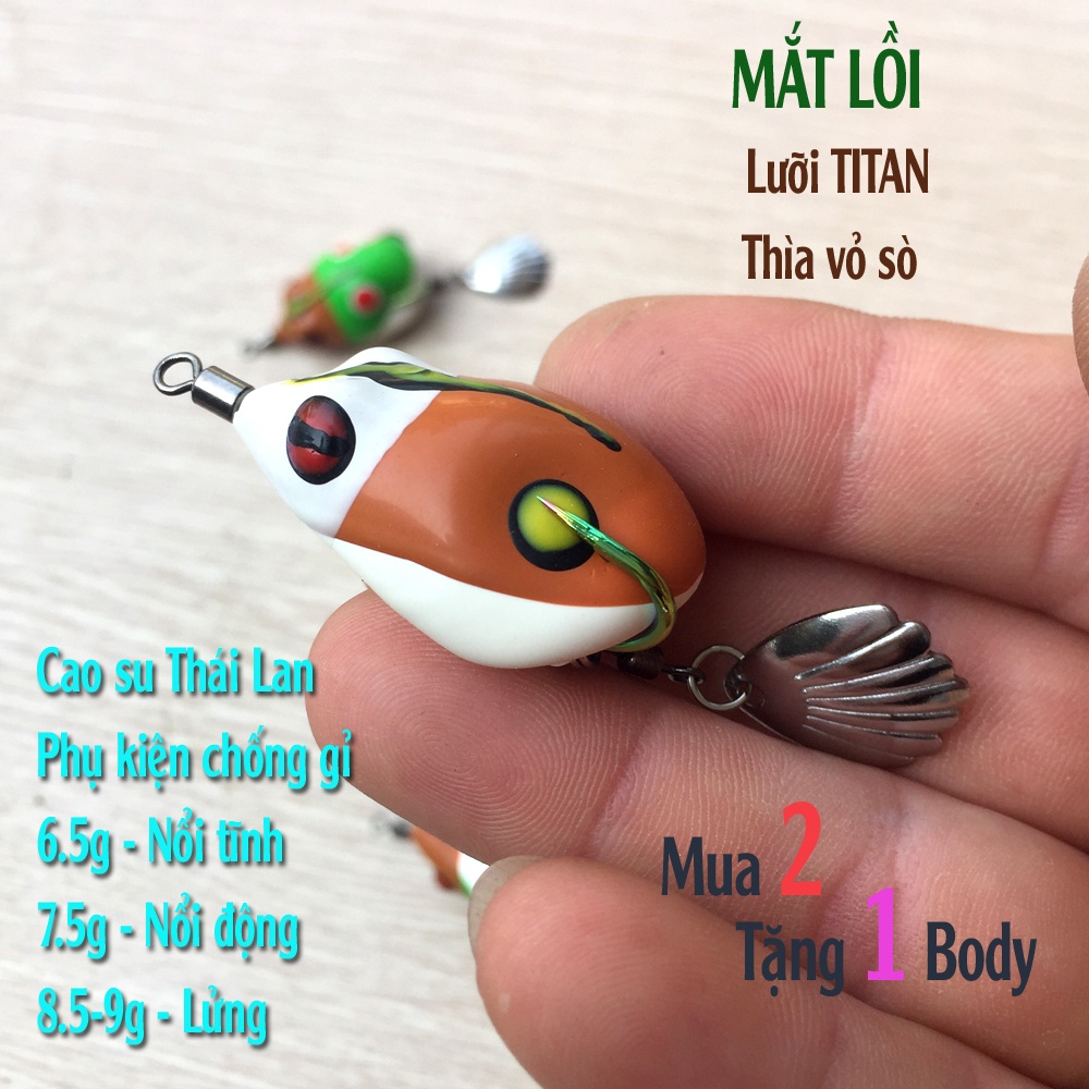 Nhái hơi MẮT LỒI,chống vướng cao, lưỡi Titan, thìa vỏ sò, dài 4cm, lắp lưỡi 1/0