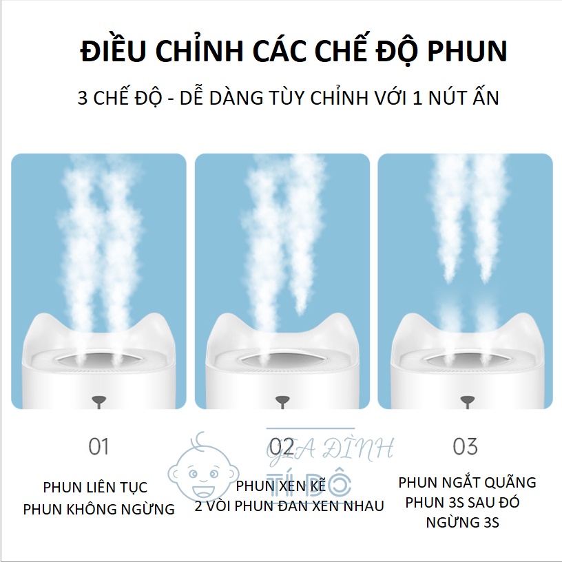 Máy Phun Sương Tạo Ẩm 3.3 Lít Humidifier Đèn Led 7 Màu cho Phòng Lớn