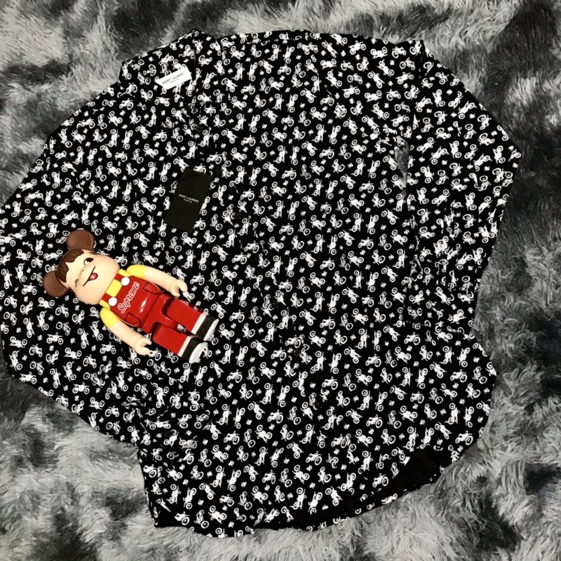 SLP - ÁO SƠ MI NAM NỮ TAY DÀI VISCOSE SAINT LAUREN, ĐEN HỌA TIẾT MÔ TÔ, ĐỦ TAGS, MỀM MÁT, CAO CẤP, M