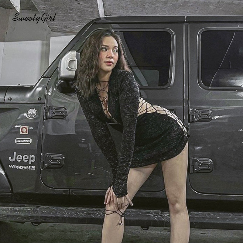 Đầm Mini Tay Dài Cổ Chữ V Khoét Sâu Eo Thấp Màu Trơn Thời Trang 2022 Quyến Rũ Cho Nữ