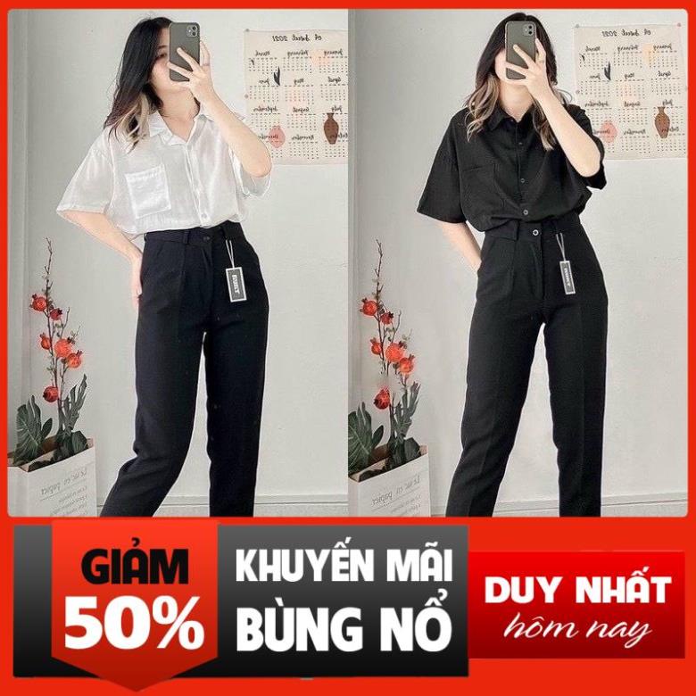 Quần tây baggy đi học nữ cạp có đai lưng cao màu đen dáng dài - Quần vải công sở Vitex dày dặn phối áo sơ mi đi học làm