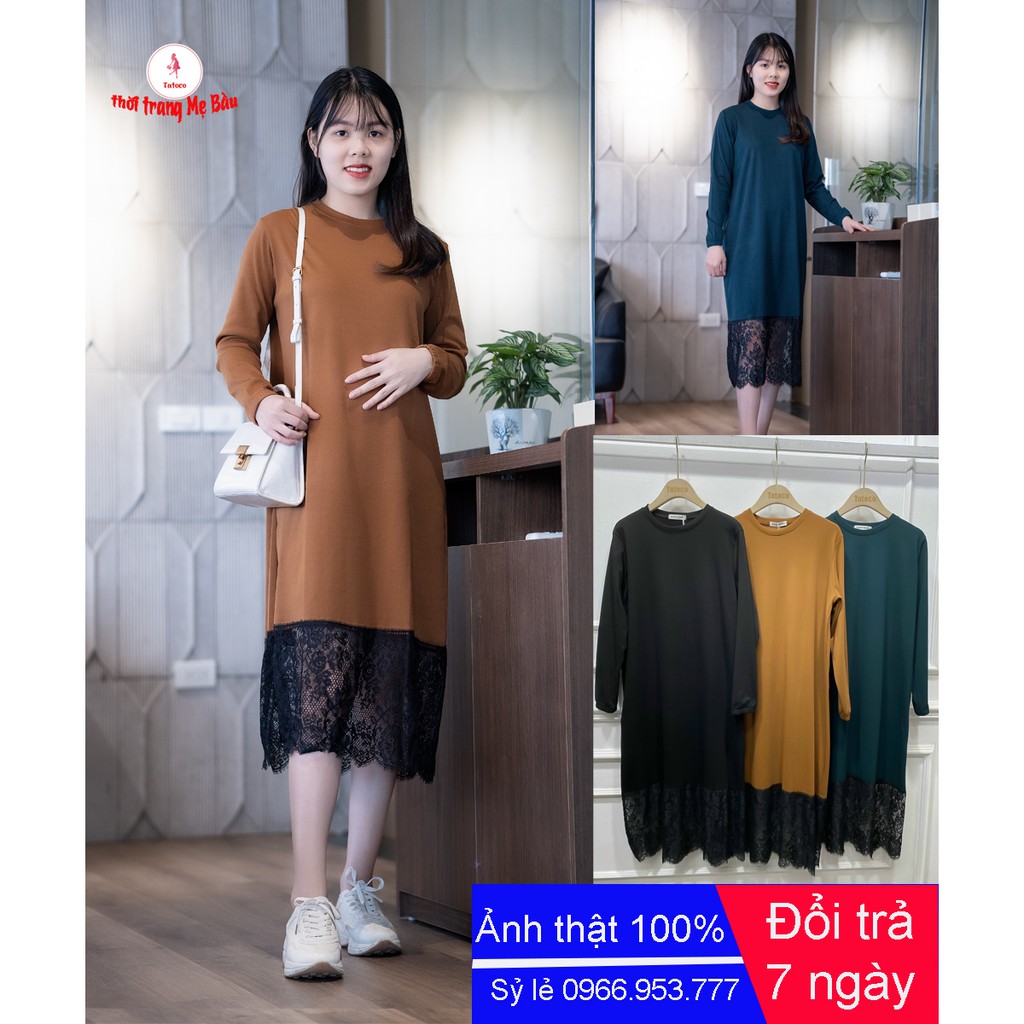 (Free ship) váy bầu thu đông 2020 xuông chân ren size 50 - 75kg (hình thật + hàng chuẩn fom loại)