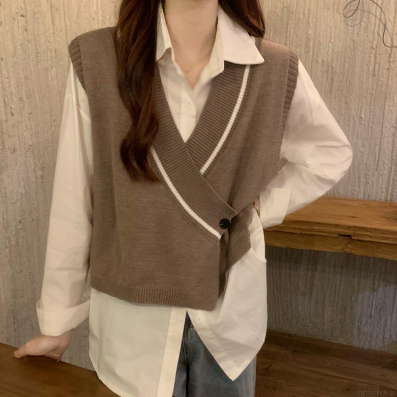 Áo Khoác Len Cardigan Sát Nách Cổ Chữ v Màu Sắc Tương Phản Phong Cách Hàn Quốc Cho Nữ | BigBuy360 - bigbuy360.vn