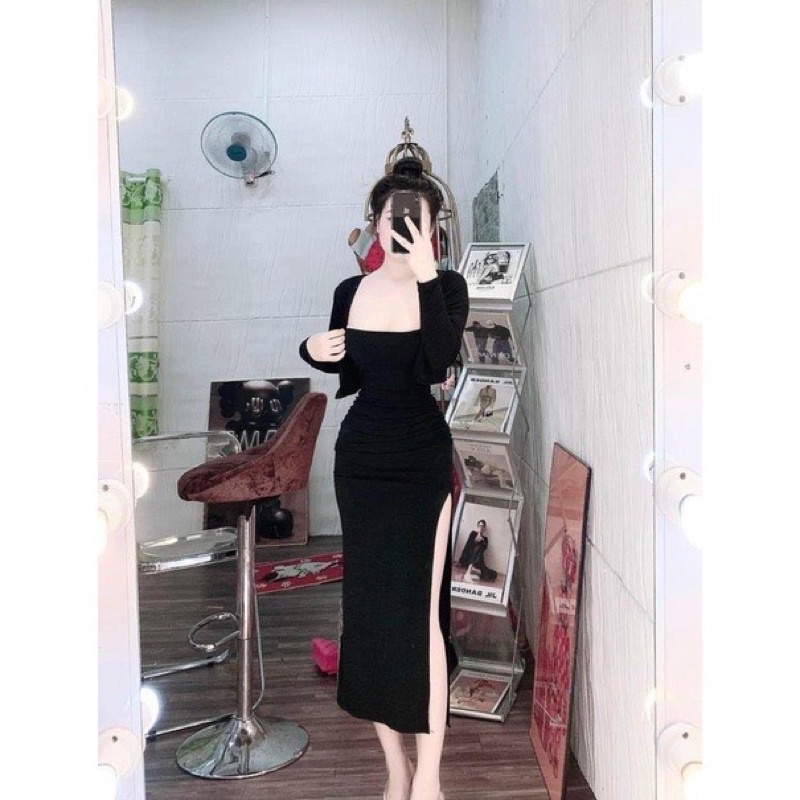 Set đầm dây ôm xẻ bên kèm áo khoác SE1