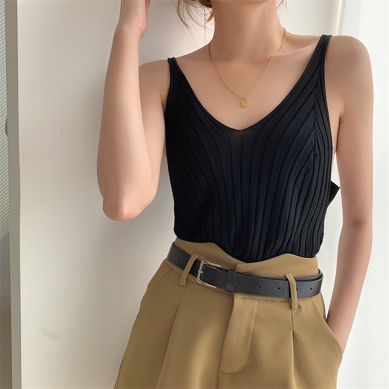 Áo dệt kim SUXI không tay cổ chữ v màu sắc đơn giản thời trang mùa hè dành cho nữ