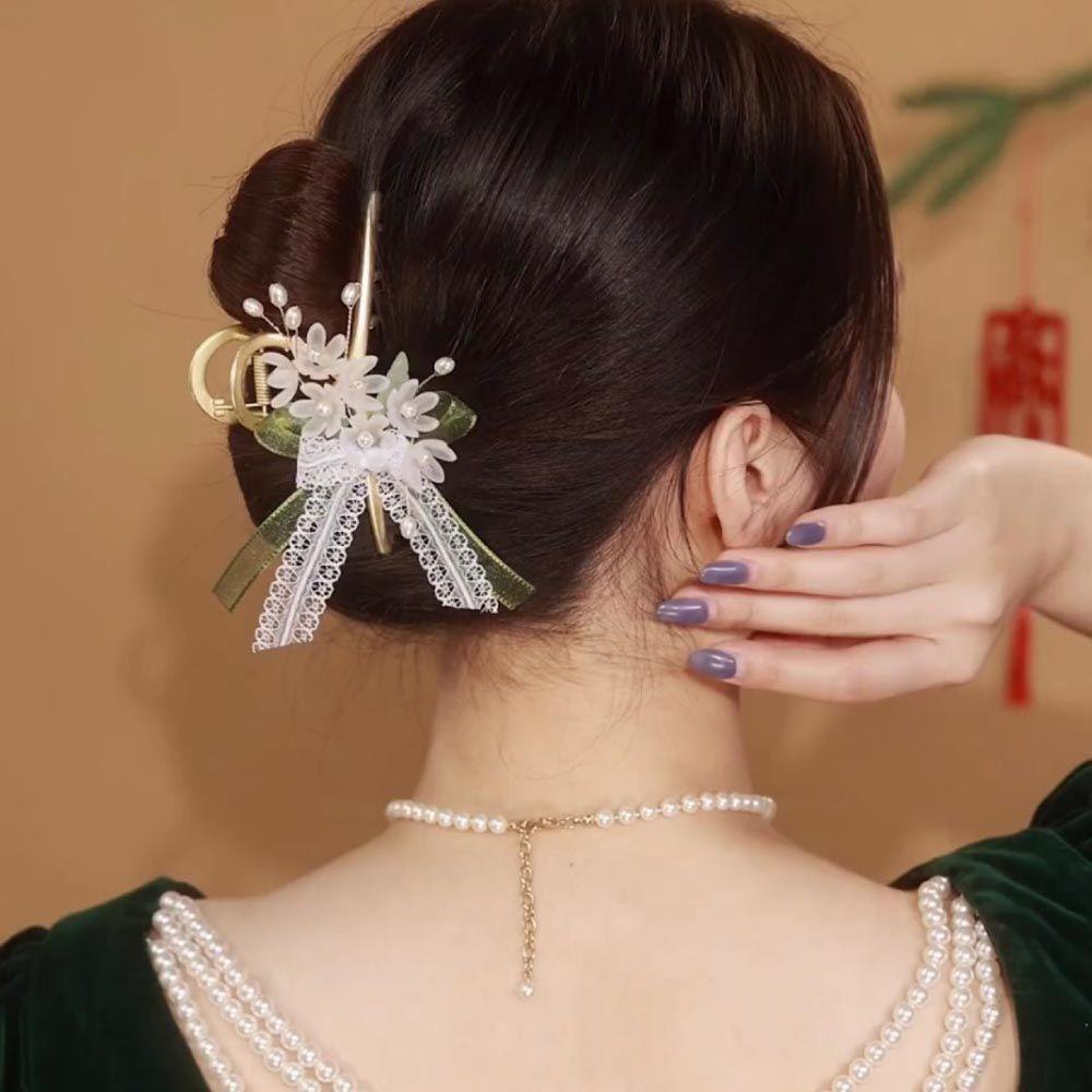 Kẹp Tóc Càng Cua Đính Nơ Họa Tiết Hình Học Phối Ren Hoa Phong Cách Trung Hoa Cổ Điển Thanh Lịch Dành Cho Bạn Nữ