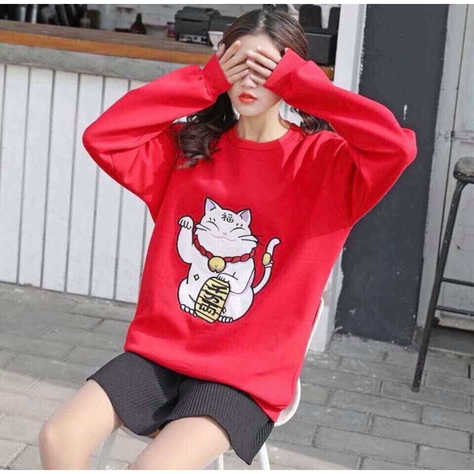 FREESHIP ĐƠN 99K_ÁO NỈ THÊU MÈO THẦN TÀI . .