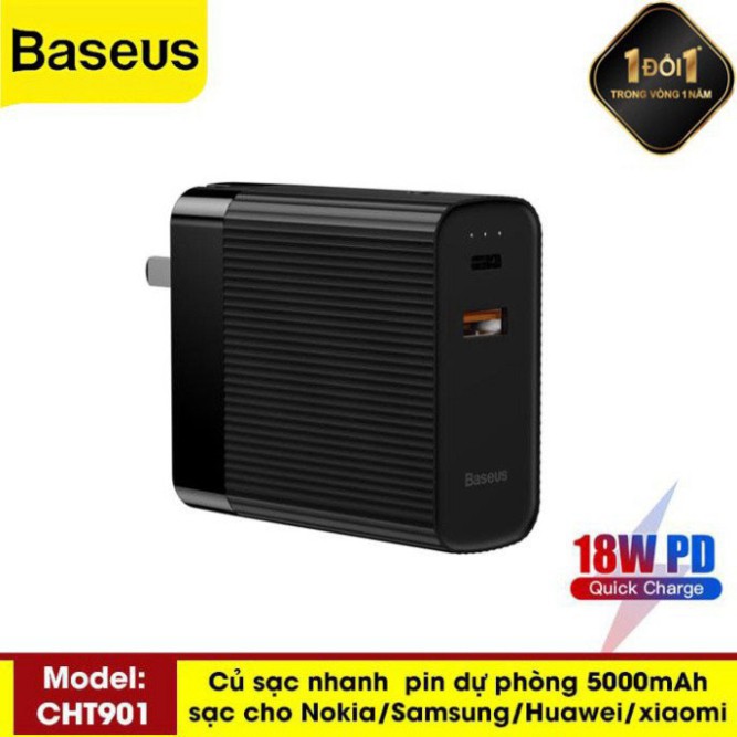 [CHÍNH HÃNG] Củ Sạc Baseus Tích Hợp Pin Dự Phòng 5000mah (CHT901) Siêu Nhỏ Gọn 2 Trong 1 Sạc Nhanh Hai Chiều