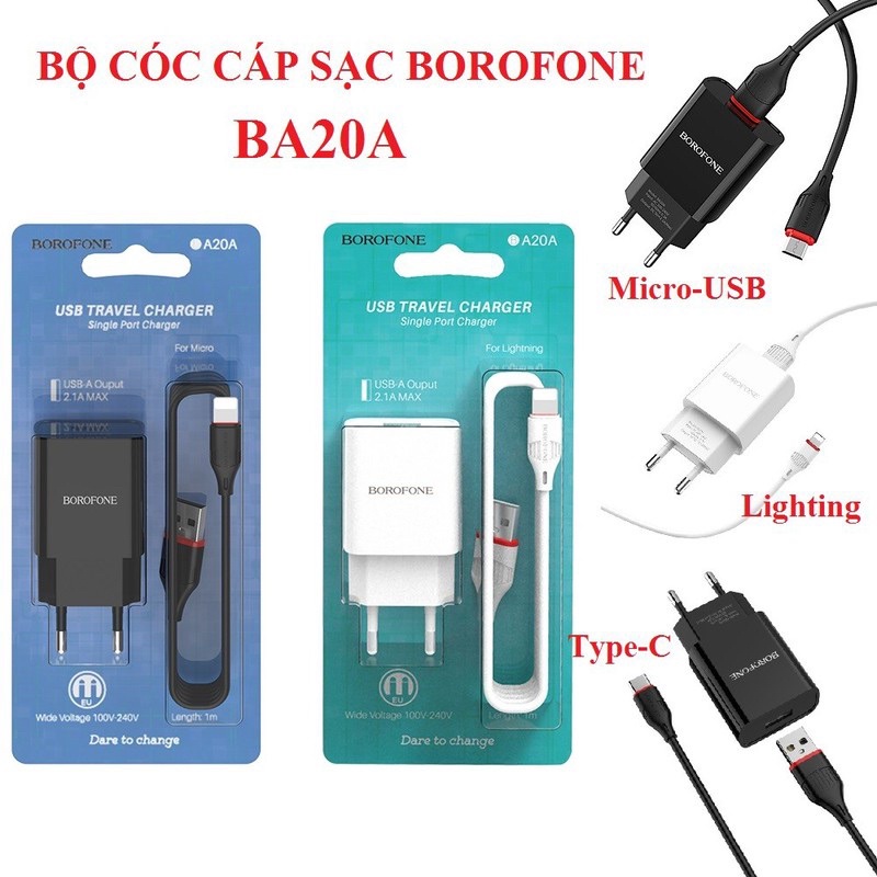 bộ củ cáp sạc nhanh A20A Borofone dành cho iphone, sam sung, oppo - sạc bền siêu nhanh bảo hành 12 tháng