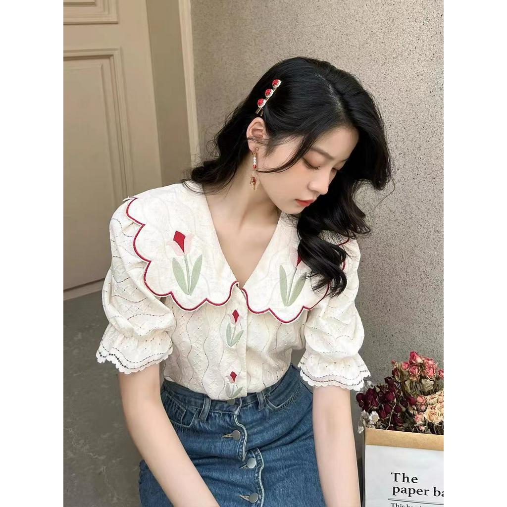 Áo Sơ Mi Ren Thêu Hoa Tulip Cổ Bẻ 51561 Mùa Hè