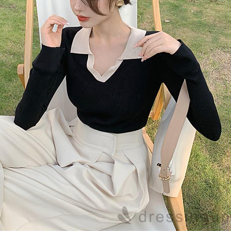 Áo dệt kim tay dài cổ chữ V thời trang mùa thu cho nữ