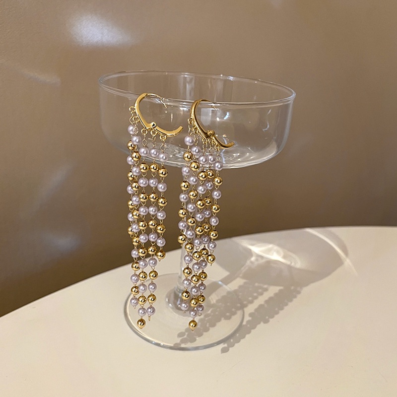 Bông Tai Tua Rua Dài Đính Ngọc Trai Thời Trang Cho Nữ