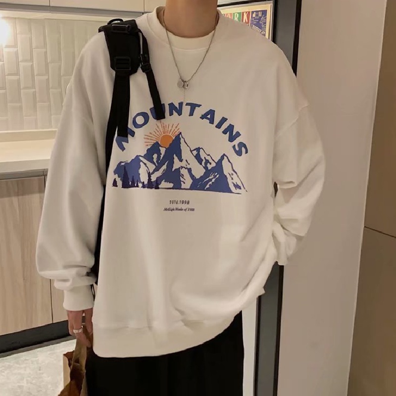 Áo sweater tay dài cổ tròn dáng rộng in họa tiết hoạt hình phong cách đường phố năng động Hàn Quốc cho nam