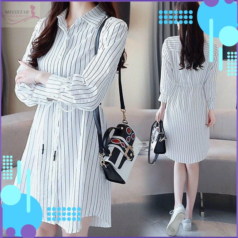 Đầm Sọc Xòe Tay Dài Cổ Sơ Mi Eo Rút Xinh Xắn, Trẻ Trung, Cá Tính, Chất Kate Lụa Dày Mềm Mịn, Mát, Bền Đẹp