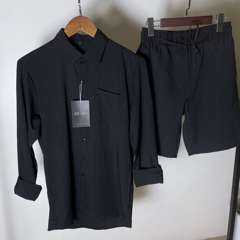 Bộ quần áo đũi BAT STORE short+sơ mi đũi dài cổ bẻ chất liệu đũi xước tổng hợp mặc mát
