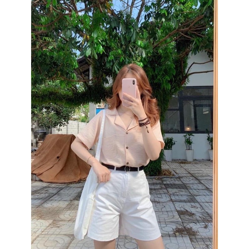[EVACICI] Áo sơ mi thô đũi viền cổ, áo kiểu nữ cộc tay cổ vest viền chỉ freesize. ( ảnh thật) | BigBuy360 - bigbuy360.vn