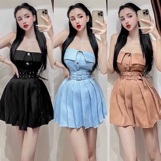 Set áo kiểu ống nút + chân váy xếp li phối belt