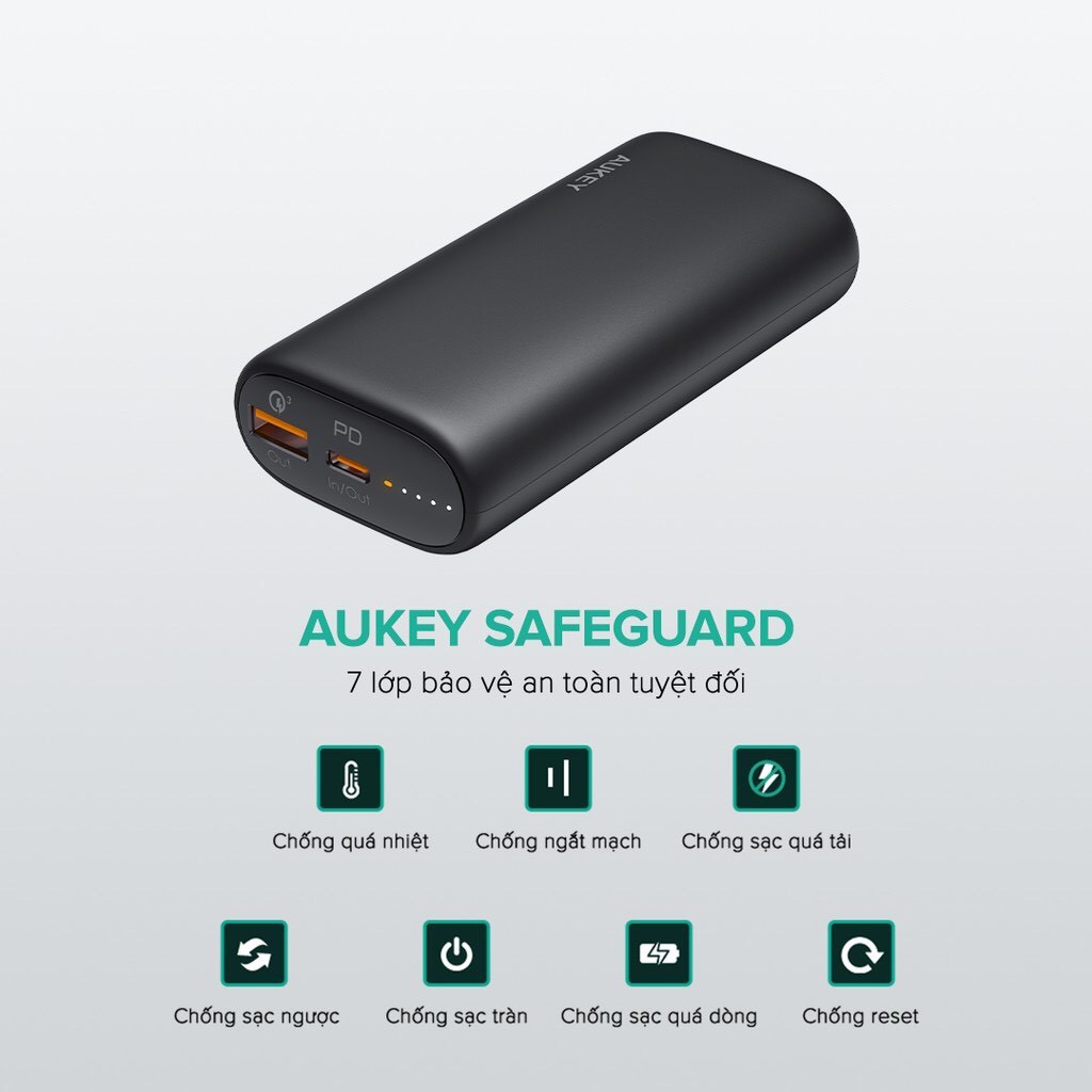 Sạc Dự Phòng Aukey PB-Y36 10.000 mAh Lõi Pin Tesla Bền X7 Lần, Sạc Nhanh QC 3.0 Và PD 18W, Tích Hợp Đèn Báo - Chính Hãng