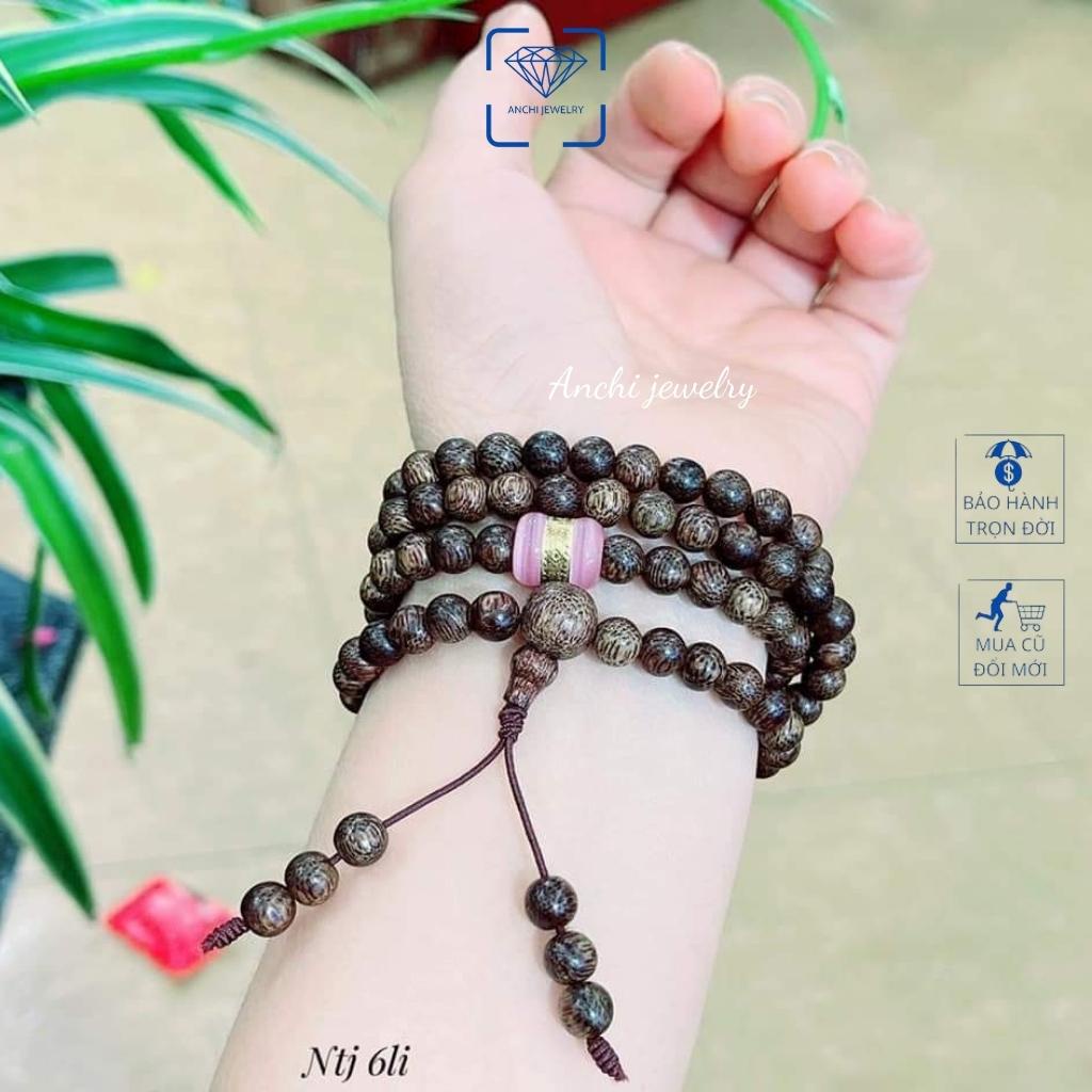 Vòng tay trầm hương nữ 108 hạt nhỏ 6li mix lu thống đá phong thủy, Anchi jewelry