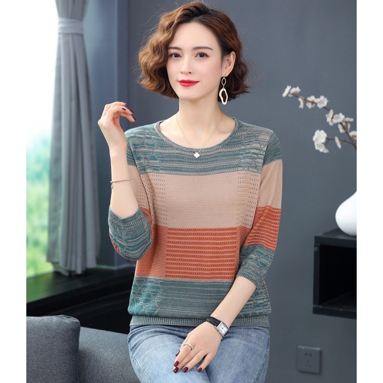{Hàng sẵn} Áo len mỏng nữ phối màu thời trang trung niên, thời trang thu đông cho phái nữ