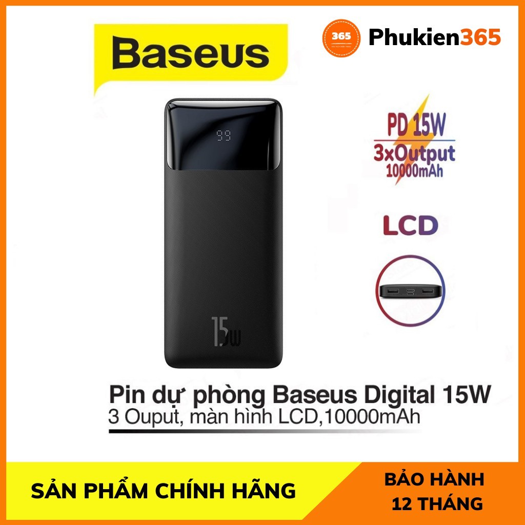 Pin Dự Phòng 15w Baseus Bipow Digital Display dung lượng 10000mAh/20000mAh, có đèn LED hiện thị pin, 3 cổng Output