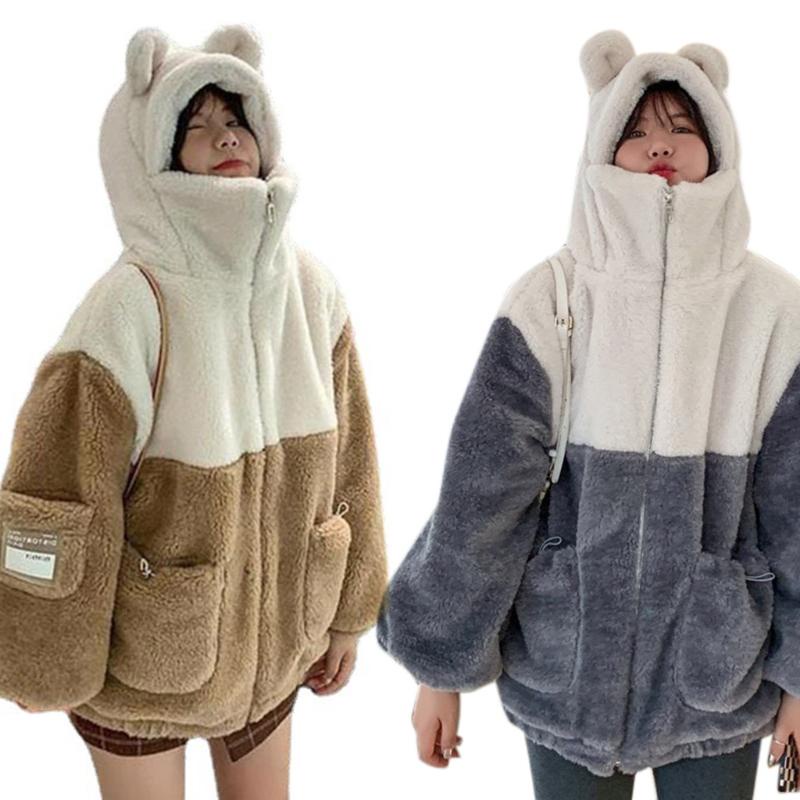 Áo khoác giả lông cừu tay dài hình tai gấu dễ thương có khóa kéo thời trang mùa đông cho nữ
