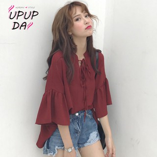 Áo Sơ Mi Chiffon Tay Lỡ Cổ Tròn Dáng Rộng Phối Bèo Phong Cách Hàn Quốc Dễ Phối Đồ Size S-XL