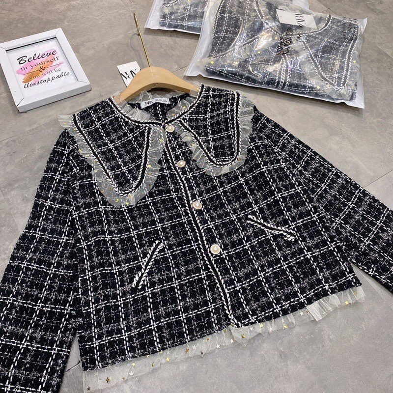 ÁO KHOÁC DẠ TWEED PHỐI BÈO CÚC NGỌC SIÊU XINH XẮN / ÁO DẠ TWEED BÈO ĐEN | BigBuy360 - bigbuy360.vn