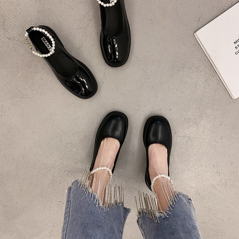 Small Leather Shoes Female 2021 Spring New Fashion Wild Retro Japanese Thick With Beaded Round Solid Color Sputum Bottom