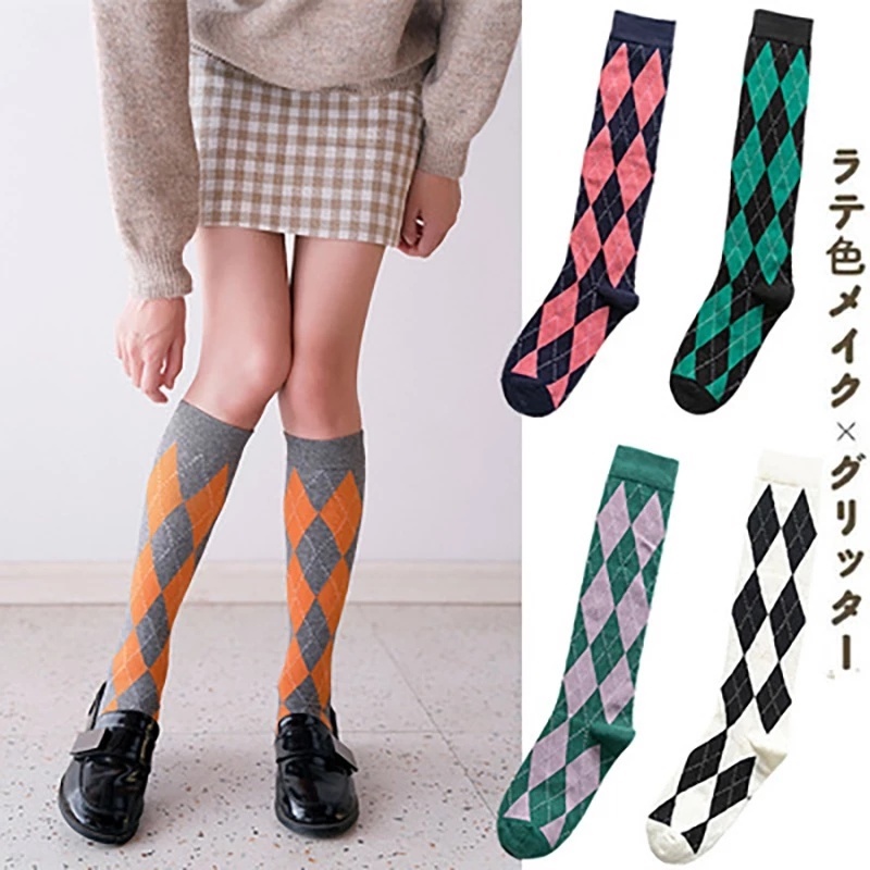 Tất Cotton Cao Qua Gối Họa Tiết Hình Thoi Thời Trang Thu Đông Nhật Bản Cho Nữ