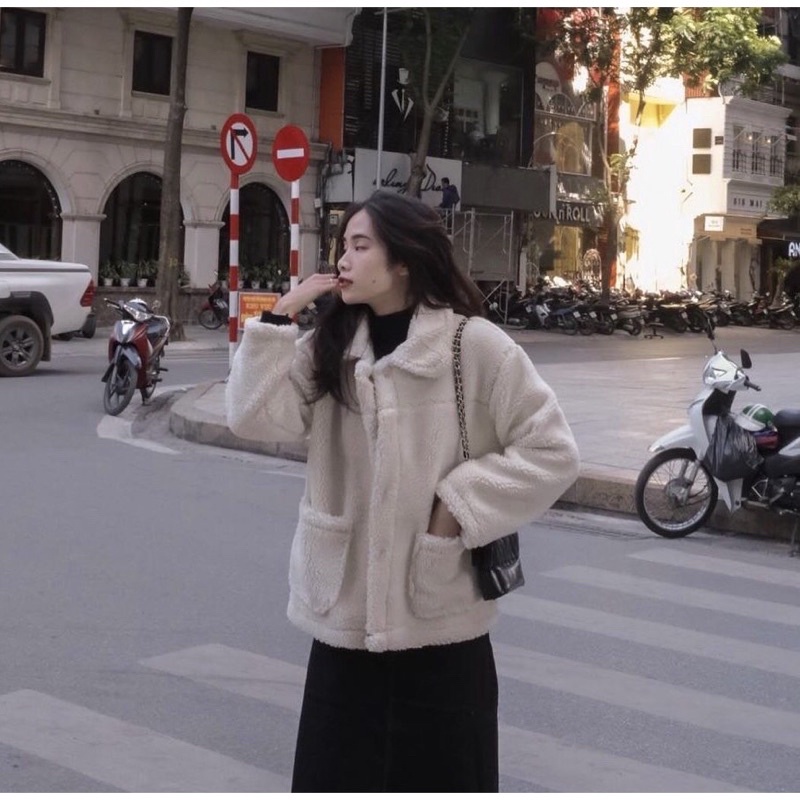 Áo Khoác Lông Túi Hộp Cổ Vest JOLIE Nữ  Khoát trắng form rộng tay bồng kiểu dáng bánh bèo tiểu thư Hàn Quốc