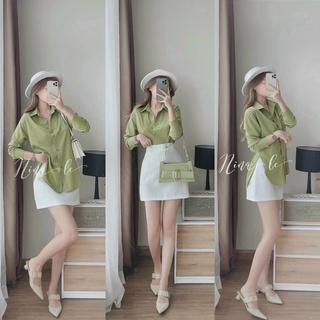 Set Đồ Công Sở Chân Váy Ngắn Kèm Áo Sơmi Xanh Bơ Hottrend 2022 Về Hàng - Chân váy kèm áo sơmi tay dài màu xanh bơ