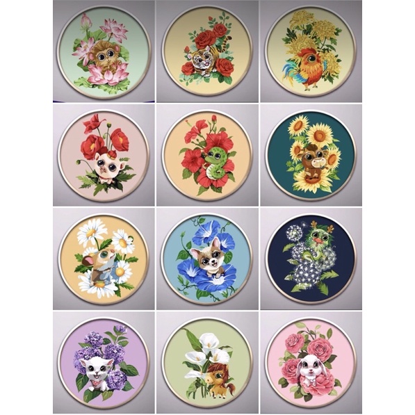 Tranh số hoá khung tròn 12 con giáp